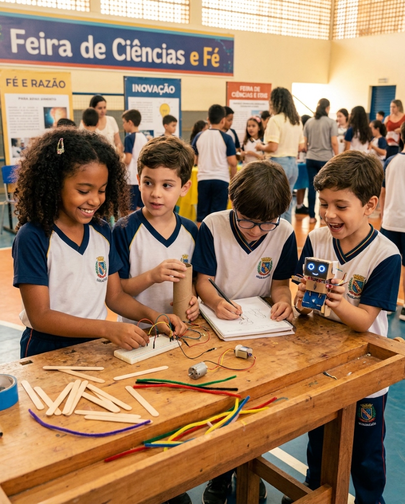 Estudantes colaborando ativamente em equipe com kits experimentais