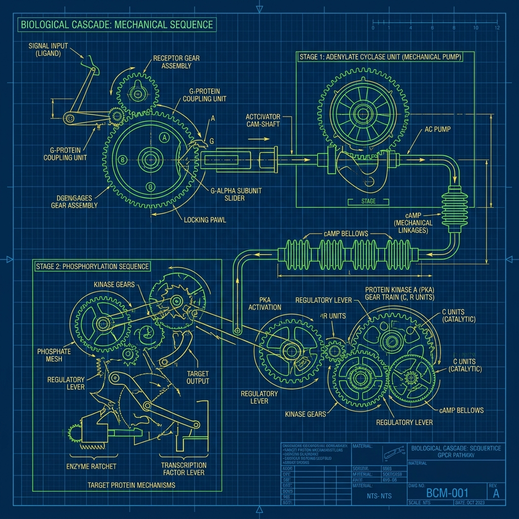 Desenho técnico esquemático representando uma cascata biológica como engrenagens conectadas