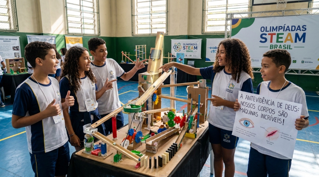 Máquina de Rube Goldberg construída com trilhas mecânicas e gatilhos